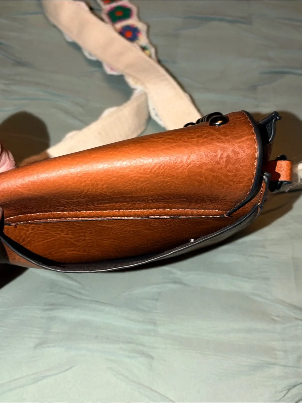 Brown Studded Crossbody Bag with Colorful Crochet Strap